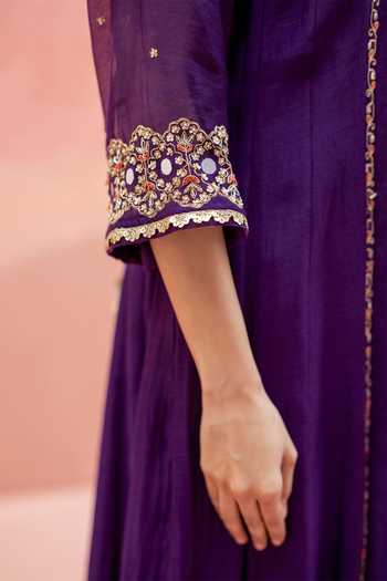 Buy_AM by Anita Mittal_Purple Chanderi Round Neck Najma Embroidered Anarkali Set _Online_at_Aza_Fashions
