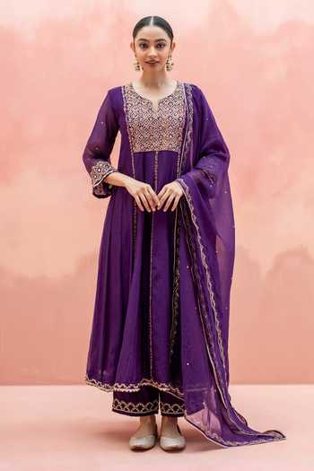 Buy_AM by Anita Mittal_Purple Chanderi Round Neck Najma Embroidered Anarkali Set _at_Aza_Fashions