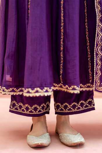 Shop_AM by Anita Mittal_Purple Chanderi Round Neck Najma Embroidered Anarkali Set _Online_at_Aza_Fashions