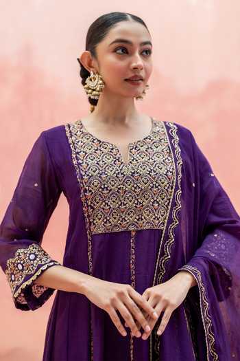 AM by Anita Mittal_Purple Chanderi Round Neck Najma Embroidered Anarkali Set _at_Aza_Fashions