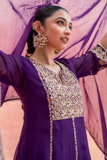 Buy_AM by Anita Mittal_Purple Chanderi Round Neck Najma Embroidered Anarkali Set 