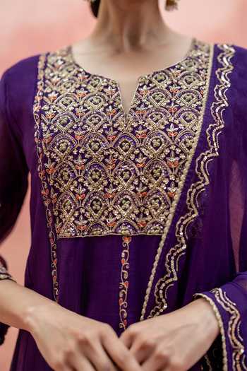 Shop_AM by Anita Mittal_Purple Chanderi Round Neck Najma Embroidered Anarkali Set 