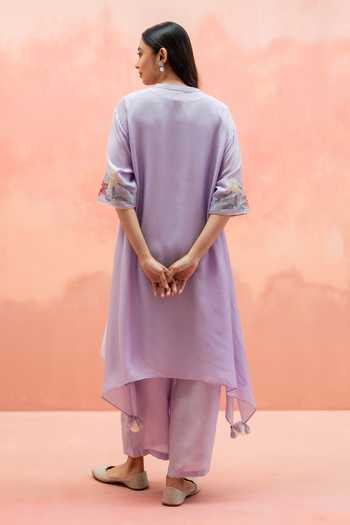 Shop_AM By Anita Mittal_Purple Muslin Round Neck Firefly Embroidered Kurta And Pant Co-ord Set _at_Aza_Fashions