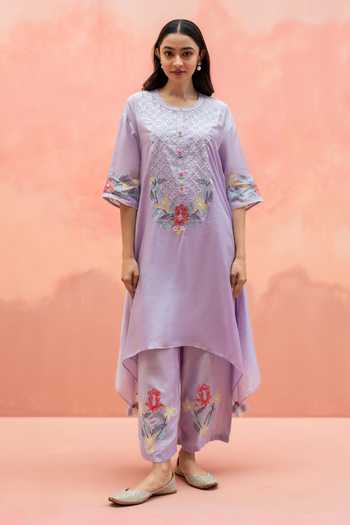 Buy_AM By Anita Mittal_Purple Muslin Round Neck Firefly Embroidered Kurta And Pant Co-ord Set _at_Aza_Fashions
