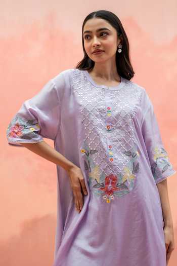 AM By Anita Mittal_Purple Muslin Round Neck Firefly Embroidered Kurta And Pant Co-ord Set _Online_at_Aza_Fashions