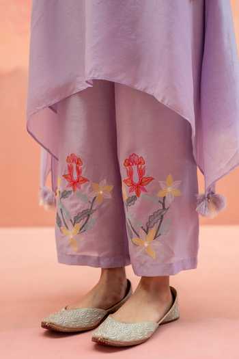 Buy_AM By Anita Mittal_Purple Muslin Round Neck Firefly Embroidered Kurta And Pant Co-ord Set _Online_at_Aza_Fashions