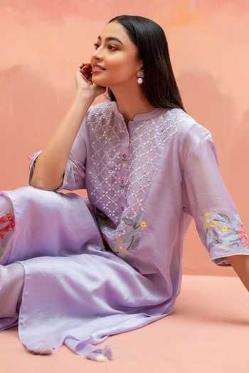Shop_AM By Anita Mittal_Purple Muslin Round Neck Firefly Embroidered Kurta And Pant Co-ord Set _Online_at_Aza_Fashions