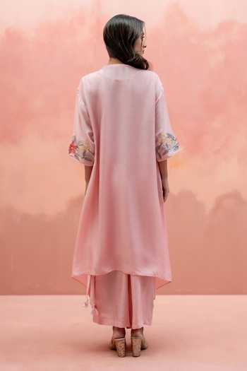 Shop_AM By Anita Mittal_Pink Muslin Round Neck Firefly Embroidered Kurta And Pant Co-ord Set _at_Aza_Fashions