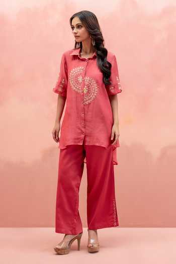 AM By Anita Mittal_Pink Chanderi Button-down Neck Twinkle Shirt And Pant Co-ord Set _Online_at_Aza_Fashions