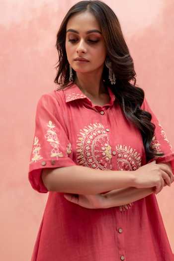 Shop_AM By Anita Mittal_Pink Chanderi Button-down Neck Twinkle Shirt And Pant Co-ord Set _Online_at_Aza_Fashions
