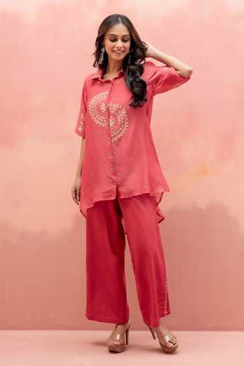 Buy_AM By Anita Mittal_Pink Chanderi Button-down Neck Twinkle Shirt And Pant Co-ord Set 