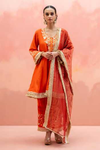 Buy_AM by Anita Mittal_Orange Silk V-neck Anjum Short Embroidered Anarkali Salwar Set _at_Aza_Fashions