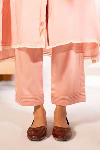 Shop_AM By Anita Mittal_Pink Chanderi Split V-neck, Yes Ziva Mul Kurta And Pant Co-ord Set _Online_at_Aza_Fashions