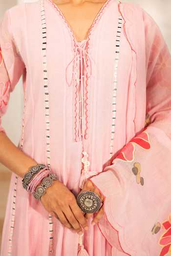 Buy_AM by Anita Mittal_Pink Chanderi V-neck Zoya Mul Anarkali Set 