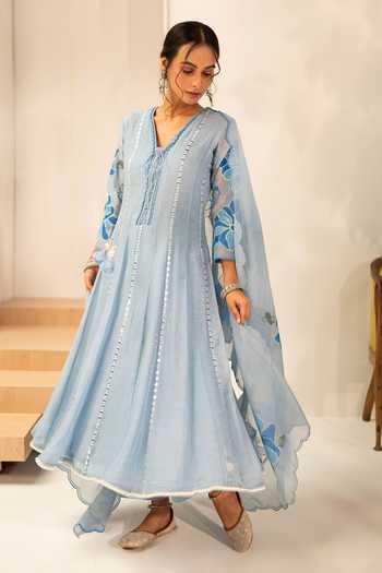 Buy_AM by Anita Mittal_Blue Chanderi V-neck Zoya Mul Anarkali Set _at_Aza_Fashions