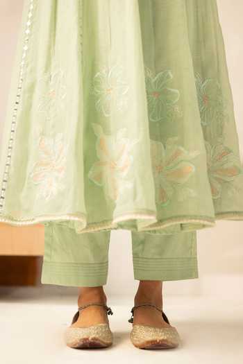 AM by Anita Mittal_Green Chanderi Keyhole Neck Zara Mul Anarkali Set _Online_at_Aza_Fashions