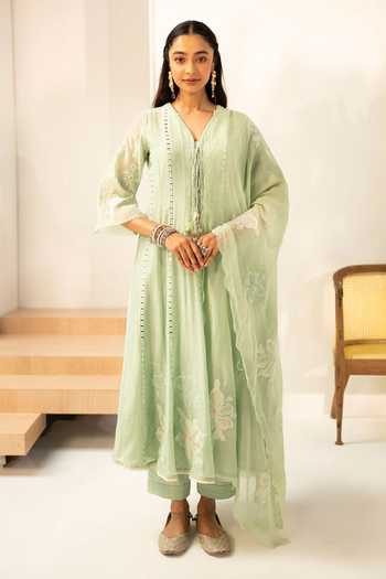 Shop_AM by Anita Mittal_Green Chanderi Keyhole Neck Zara Mul Anarkali Set _Online_at_Aza_Fashions