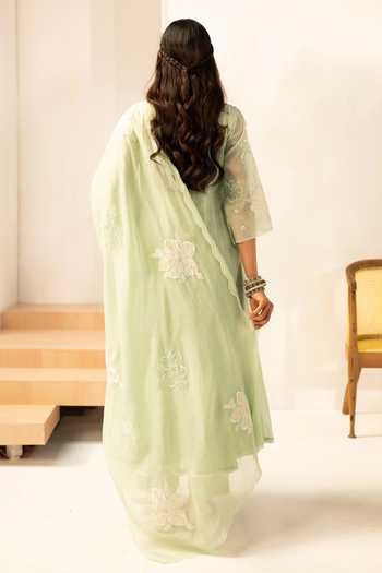 Shop_AM by Anita Mittal_Green Chanderi Keyhole Neck Zara Mul Anarkali Set _at_Aza_Fashions