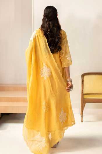 Shop_AM by Anita Mittal_Yellow Chanderi V-neck Zara Mul Anarkali Set _at_Aza_Fashions