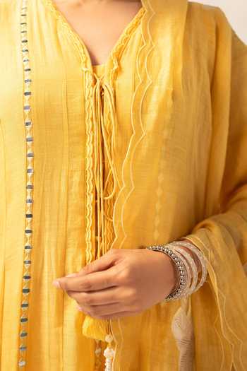 AM by Anita Mittal_Yellow Chanderi V-neck Zara Mul Anarkali Set _at_Aza_Fashions