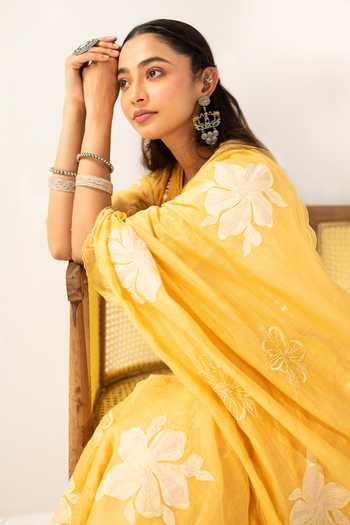 Buy_AM by Anita Mittal_Yellow Chanderi V-neck Zara Mul Anarkali Set 