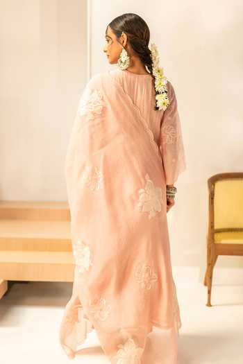 Shop_AM by Anita Mittal_Pink Chanderi V-neck Zara Mul Anarkali Set _at_Aza_Fashions