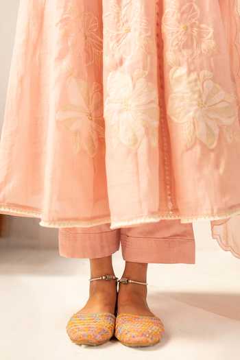 Buy_AM by Anita Mittal_Pink Chanderi V-neck Zara Mul Anarkali Set _Online_at_Aza_Fashions