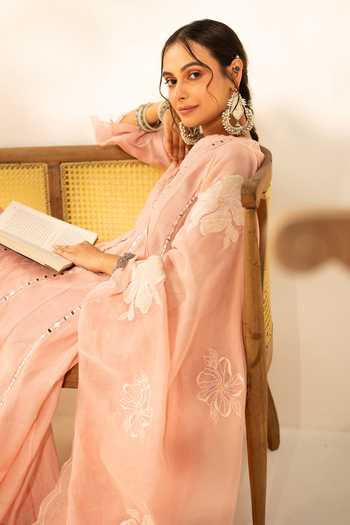 Shop_AM by Anita Mittal_Pink Chanderi V-neck Zara Mul Anarkali Set _Online_at_Aza_Fashions