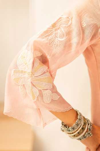 AM by Anita Mittal_Pink Chanderi V-neck Zara Mul Anarkali Set _at_Aza_Fashions