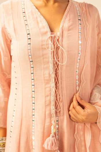 Buy_AM by Anita Mittal_Pink Chanderi V-neck Zara Mul Anarkali Set 