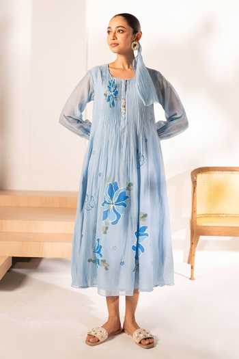 AM By Anita Mittal_Blue Chanderi Round Neck Zoya Mul Tunic And Pant Set _Online_at_Aza_Fashions