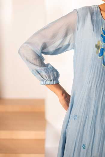 Buy_AM By Anita Mittal_Blue Chanderi Round Neck Zoya Mul Tunic And Pant Set _Online_at_Aza_Fashions