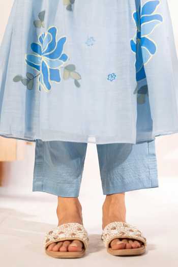 Shop_AM By Anita Mittal_Blue Chanderi Round Neck Zoya Mul Tunic And Pant Set _Online_at_Aza_Fashions