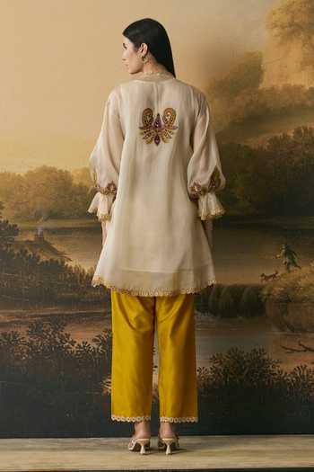 Shop_Chandrima_Yellow Silk Organza, Chanderi Embroidery Paisley Tunic With Floral Tulip Pant _at_Aza_Fashions