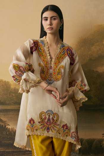 Buy_Chandrima_Yellow Silk Organza, Chanderi Embroidery Paisley Tunic With Floral Tulip Pant _Online_at_Aza_Fashions