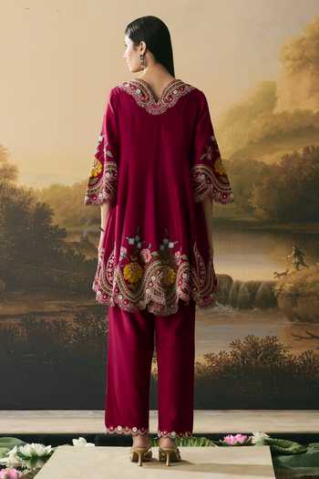 Shop_Chandrima_Red Chanderi Embroidery, Beads V-neck, Yes Cordwork Short Kurta With Tulip Pant _at_Aza_Fashions