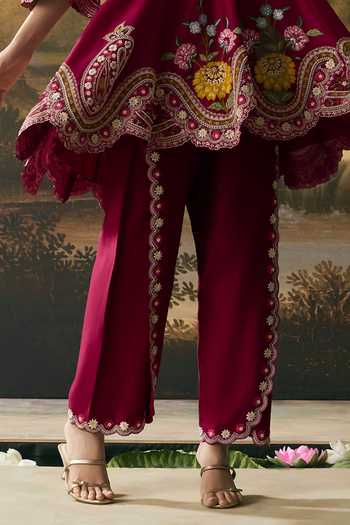 Chandrima_Red Chanderi Embroidery, Beads V-neck, Yes Cordwork Short Kurta With Tulip Pant _Online_at_Aza_Fashions