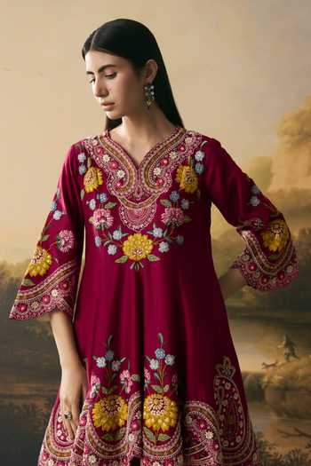 Buy_Chandrima_Red Chanderi Embroidery, Beads V-neck, Yes Cordwork Short Kurta With Tulip Pant _Online_at_Aza_Fashions