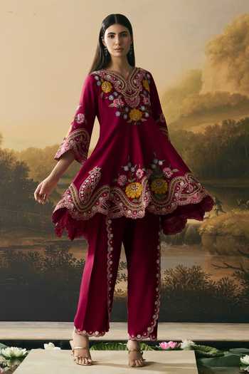 Shop_Chandrima_Red Chanderi Embroidery, Beads V-neck, Yes Cordwork Short Kurta With Tulip Pant _Online_at_Aza_Fashions