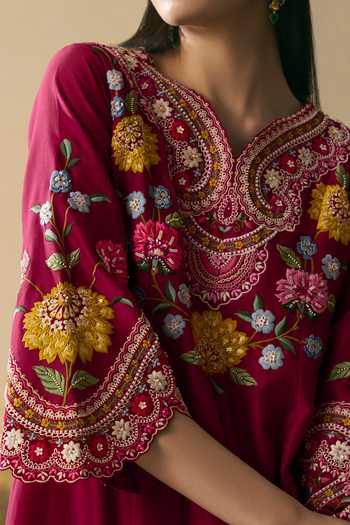 Chandrima_Red Chanderi Embroidery, Beads V-neck, Yes Cordwork Short Kurta With Tulip Pant _at_Aza_Fashions