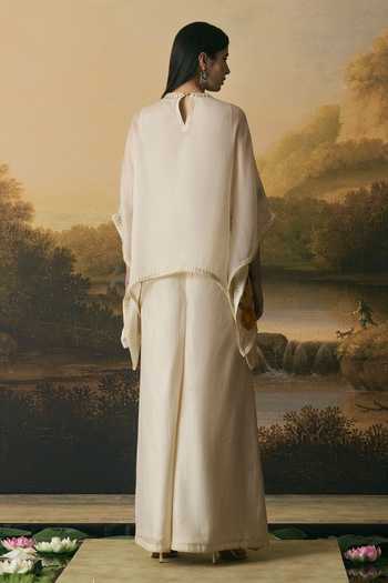 Shop_Chandrima_Ivory Silk Organza, Cotton Round Neck Floral Bloom Short Kaftan _at_Aza_Fashions