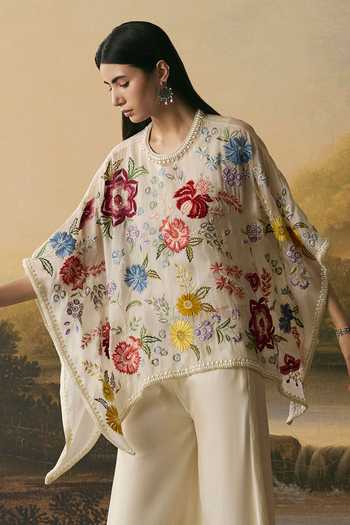 Chandrima_Ivory Silk Organza, Cotton Round Neck Floral Bloom Short Kaftan _Online_at_Aza_Fashions