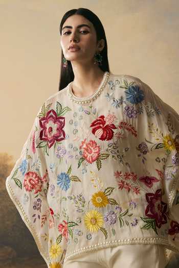Buy_Chandrima_Ivory Silk Organza, Cotton Round Neck Floral Bloom Short Kaftan _Online_at_Aza_Fashions