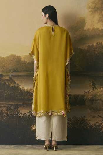 Shop_Chandrima_Yellow Silk Organza, Cotton Round Neck Amber Contrast Florals Kaftan _at_Aza_Fashions