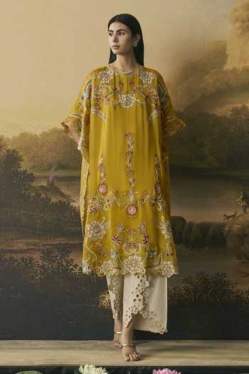 Chandrima_Yellow Silk Organza, Cotton Round Neck Amber Contrast Florals Kaftan _Online_at_Aza_Fashions