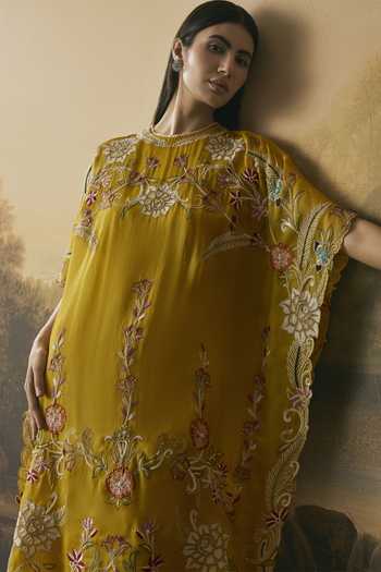 Buy_Chandrima_Yellow Silk Organza, Cotton Round Neck Amber Contrast Florals Kaftan _Online_at_Aza_Fashions