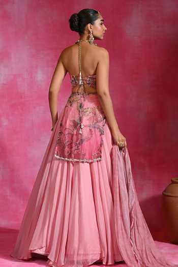 Shop_Rishi and Vibhuti_Pink Organza, Net Sweetheart Neck Gulabi Sitara Embroidered Kurta Lehenga Set _at_Aza_Fashions