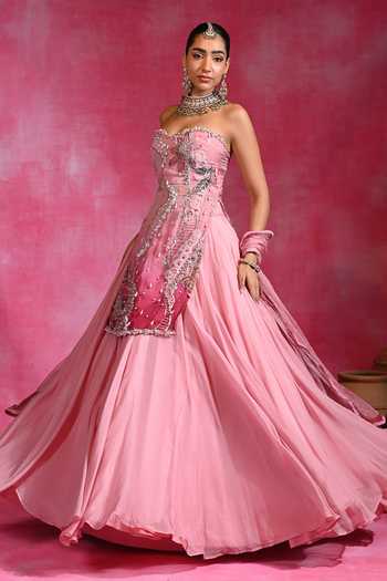 Rishi and Vibhuti_Pink Organza, Net Sweetheart Neck Gulabi Sitara Embroidered Kurta Lehenga Set _Online_at_Aza_Fashions