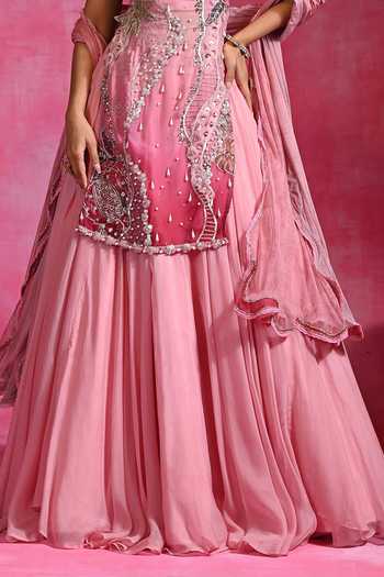 Buy_Rishi and Vibhuti_Pink Organza, Net Sweetheart Neck Gulabi Sitara Embroidered Kurta Lehenga Set _Online_at_Aza_Fashions