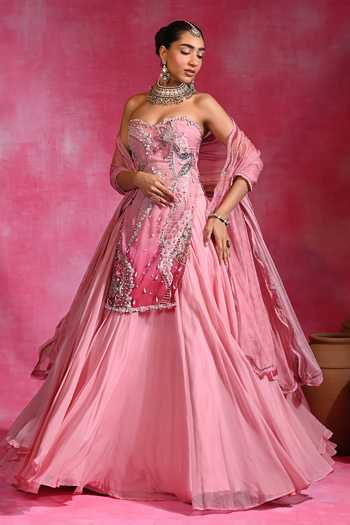 Shop_Rishi and Vibhuti_Pink Organza, Net Sweetheart Neck Gulabi Sitara Embroidered Kurta Lehenga Set _Online_at_Aza_Fashions